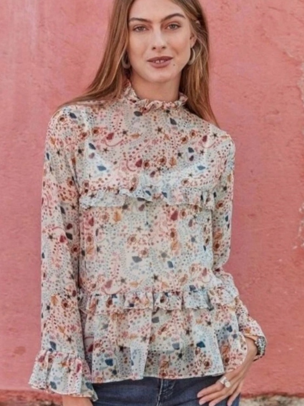Sundance Celina Tiered Peasant Blouse - Size M - Boho Floral Sheer Ruffle Top
